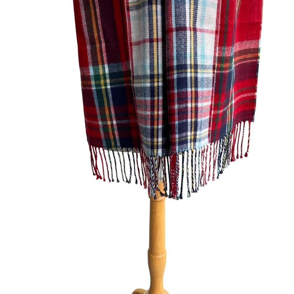 Lands End Unisex Tartan Plaid Scarf Red Blue Classic Holiday Old Money Preppy